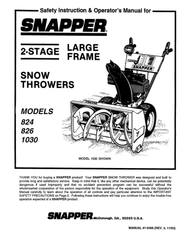 Snapper 1030 Snow Blower User Manual | Manualzz