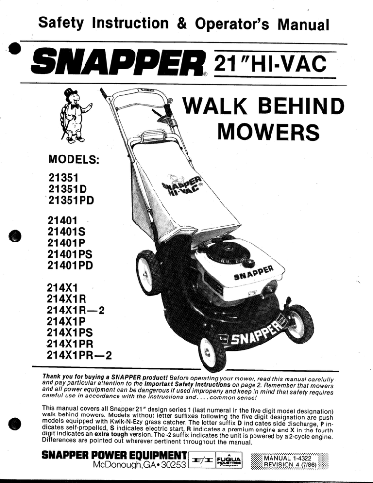 Snapper 21401 Lawn Mower User Manual Manualzz