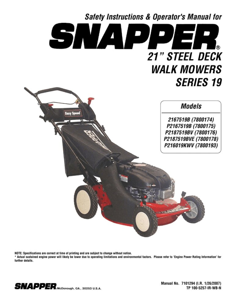 Snapper 216517b P216517b P217017bv P217017bve P215517hc Lawn Mower User Manual Manualzz