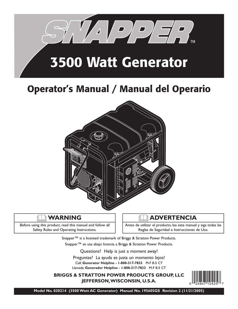 Snapper 3500 Portable Generator User Manual Manualzz