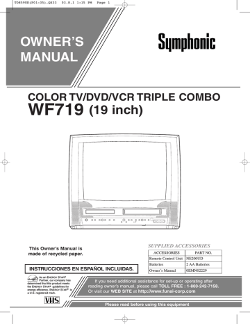 Symphonic WF719 TV VCR Combo Owner's Manual | Manualzz