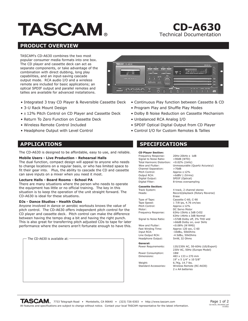 Tascam Cd A630 Cd Player User Manual Manualzz