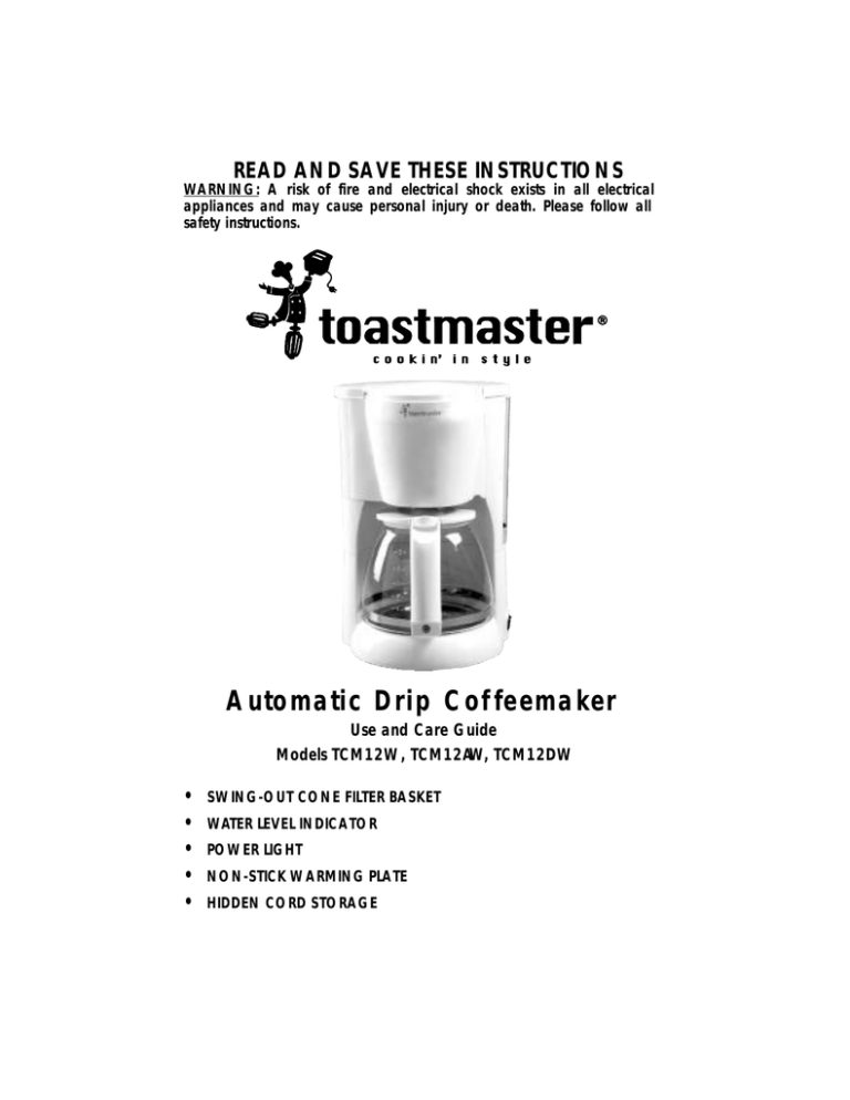Toastmaster TCM12W Coffeemaker User Manual Manualzz