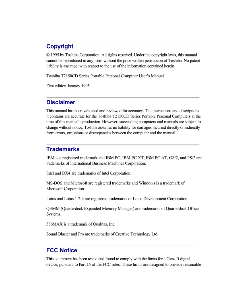 Toshiba T2150Cd Personal Computer User Manual | Manualzz