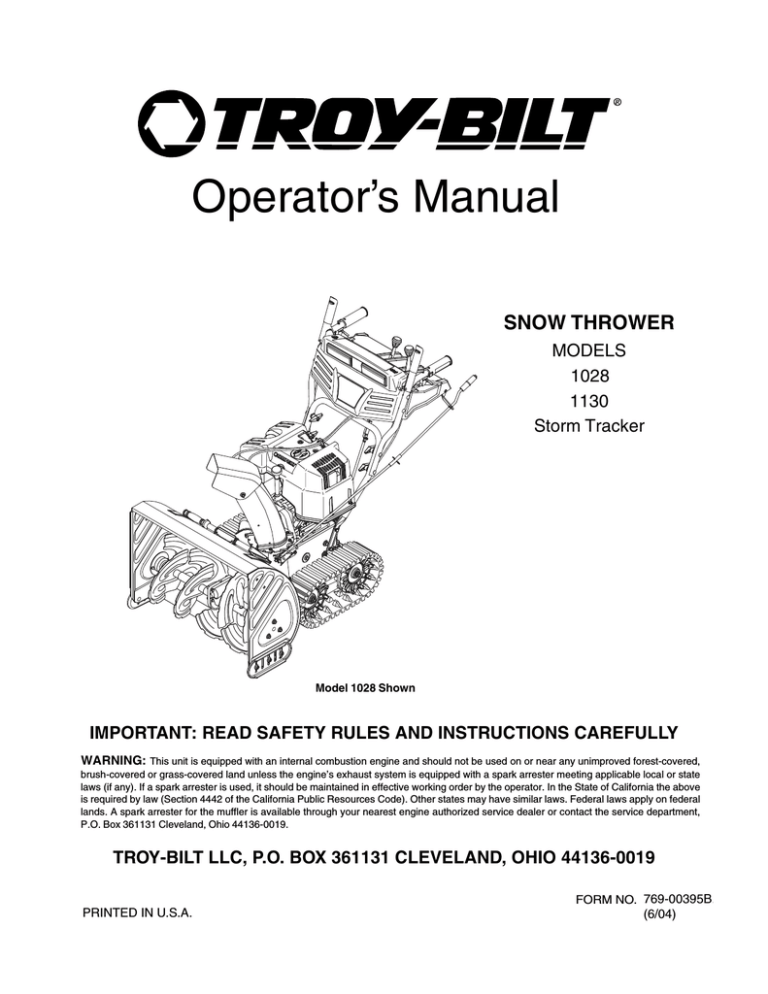 TroyBilt 1028 Snow Blower User Manual Manualzz