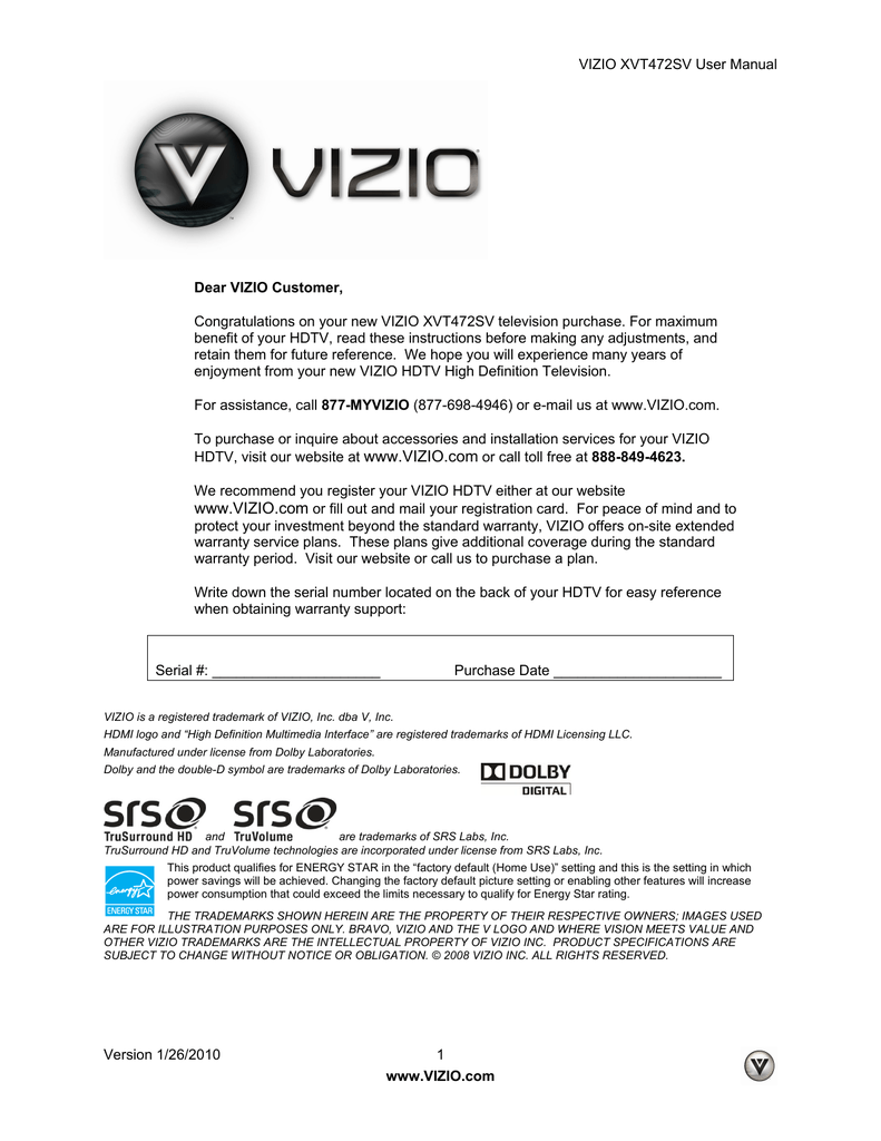 Vizio XVT472SV Flat Panel Television User Manual Manualzz