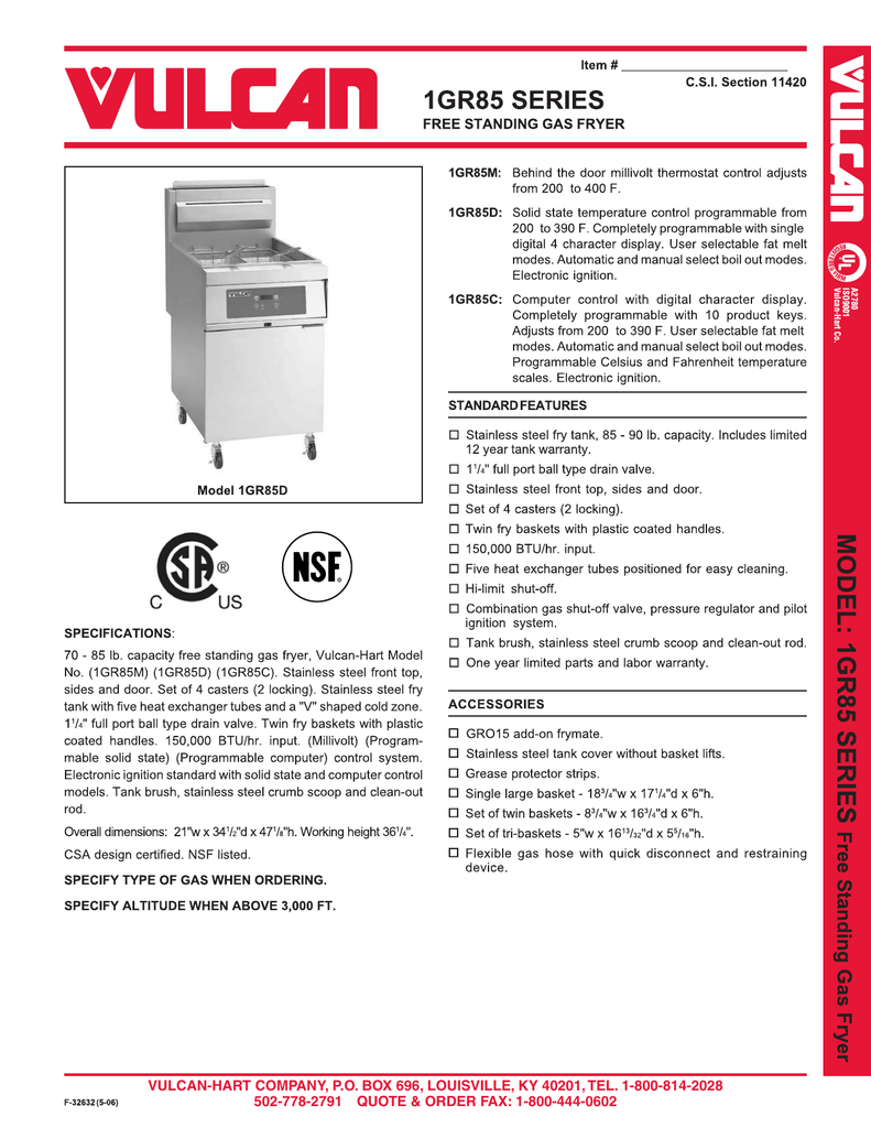 VulcanHart 1GR85 Series Fryer User Manual Manualzz