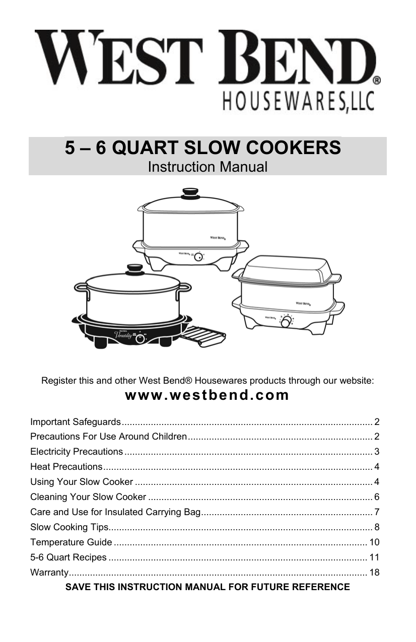 West Bend 56 QUART SLOW COOKERS Slow Cooker User Manual Manualzz