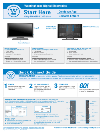 Westinghouse 1080p Monitor LVM-37w3 Quick Connect Guide | Manualzz