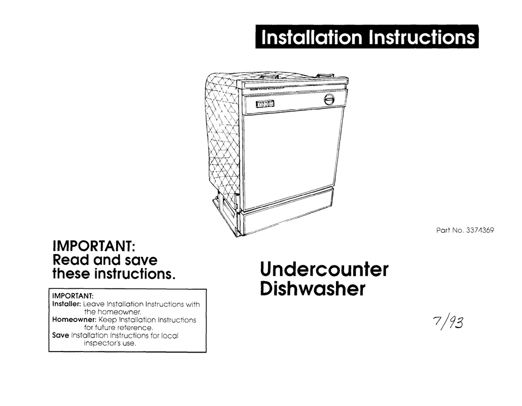 Installation instructions. Instruction for use of Dishwasher. 237467 Andrew installation instructions.