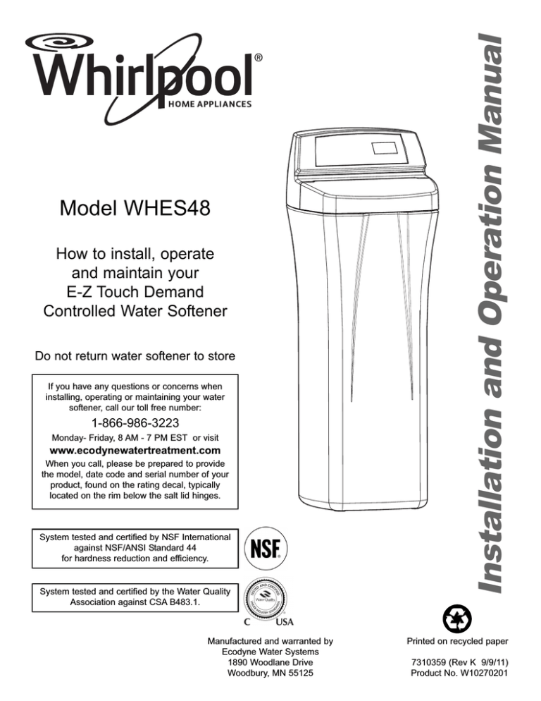 Whirlpool Whes48 Water System User Manual Manualzz