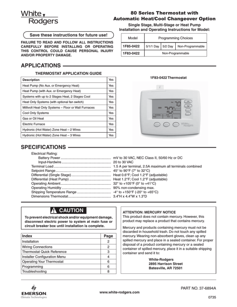 White Rodgers 1F800471 Thermostat User Manual Manualzz