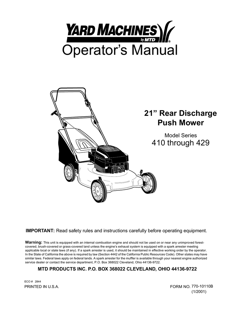 Yard Machines 429 Lawn Mower User Manual | Manualzz