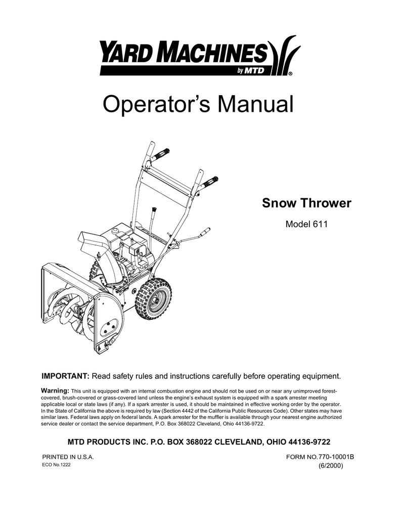 Yard Machines 611 Snow Blower User Manual | Manualzz