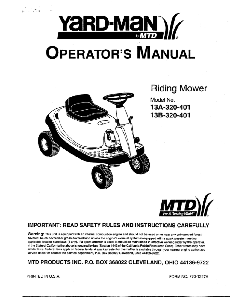 Yard Man 13a 3 401 Lawn Mower User Manual Manualzz