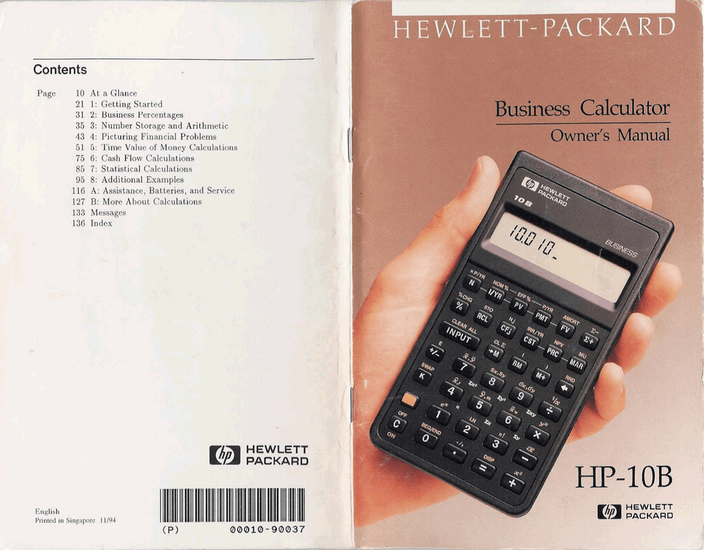 Hewlett-Packard Business Calculator Owner's Manual HP-10B 