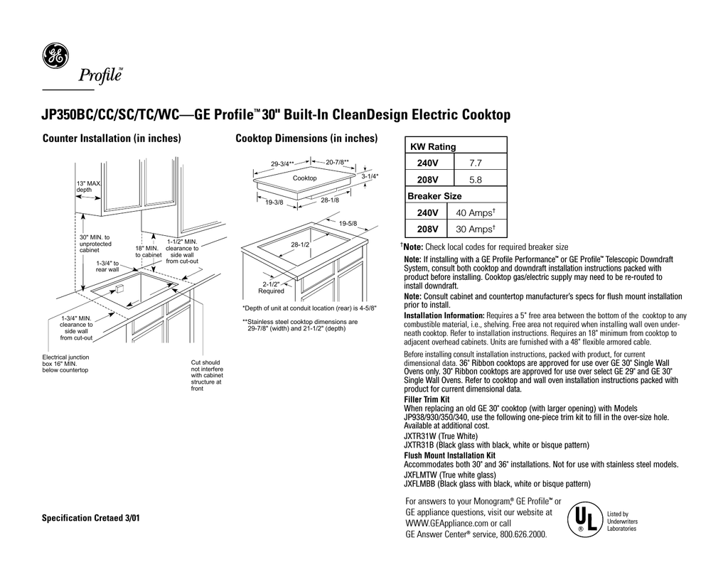 Ge 30 In Profile Jp350scss Electric Cooktop Manualzz Com