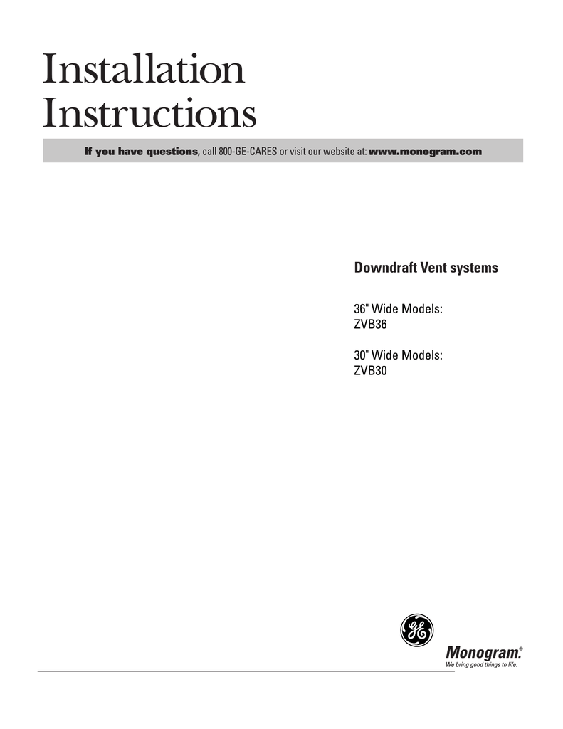 GE Monogram ZVB36 36" Downdraft Kitchen Hood Manualzz