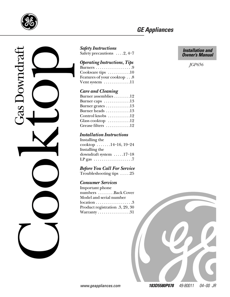 Ge 36 In Jgp656 Gas Cooktop Manualzz