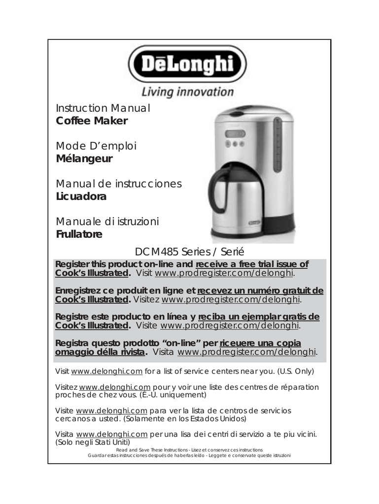 DeLonghi DCM485 Coffee Maker Owner's Manual | Manualzz