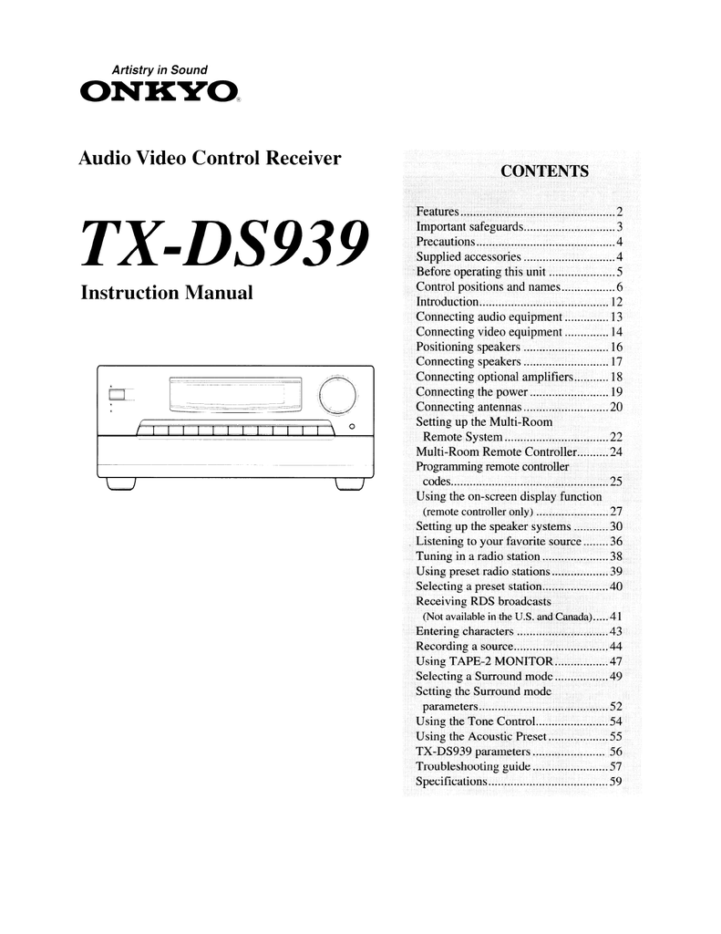 Onkyo Tx Ds939 Receiver Manualzz