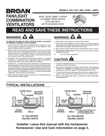 Broan 678 Installation Manual Manualzz - Broan Nutone Bathroom Fan Installation Instructions