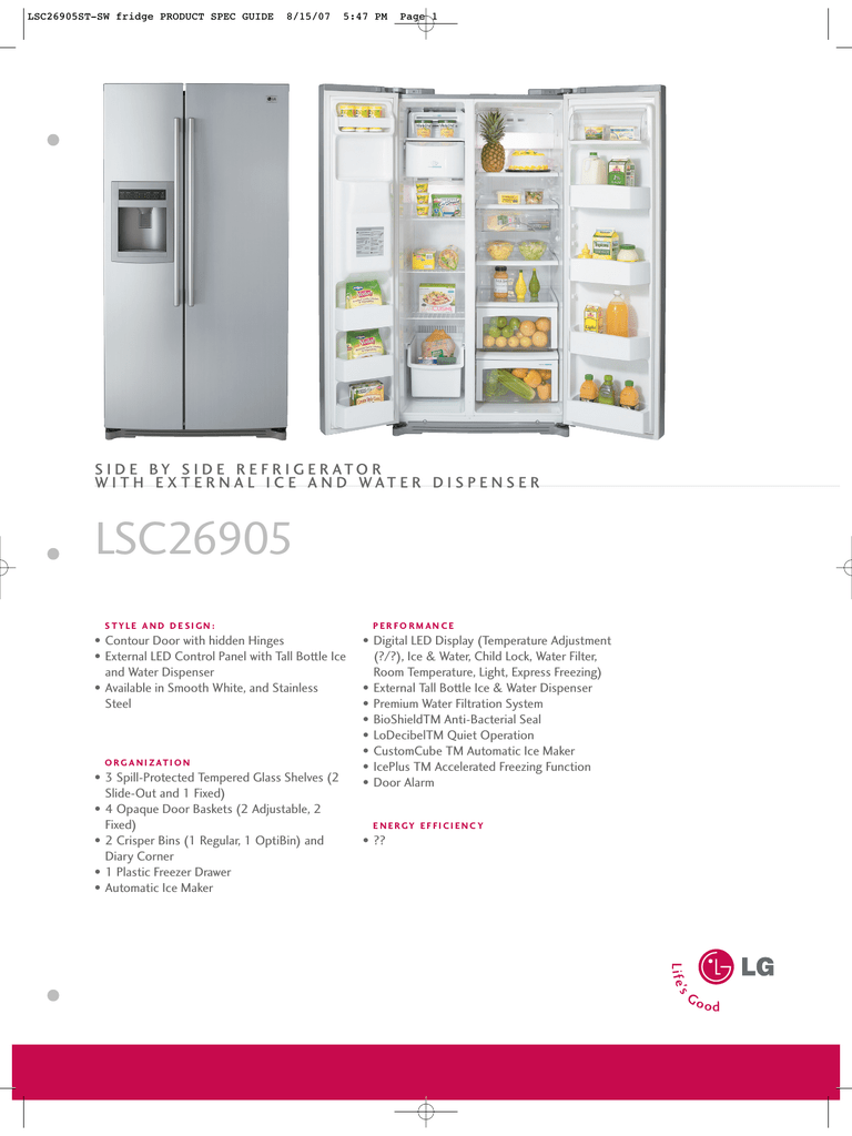 Lg Lsc26905 Side By Side Refrigerator Manualzz Com