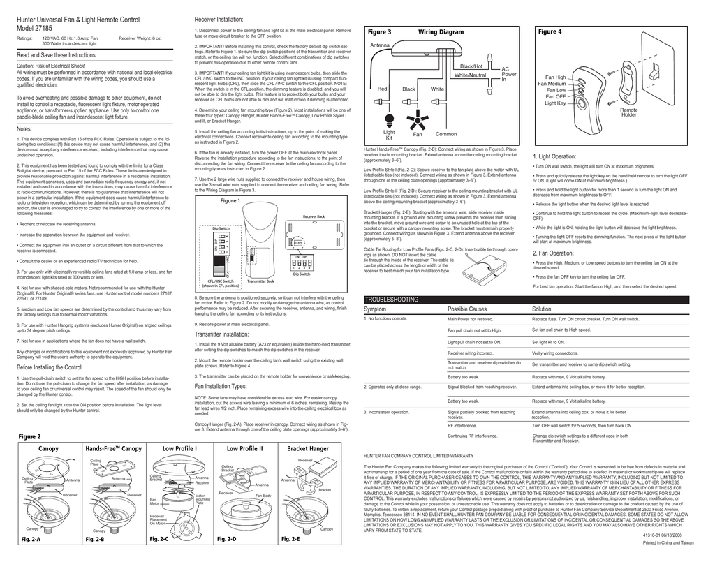 Hunter 27185 Remote Control - Hunter 27185 Remote Control ... install light fixture wiring diagram 