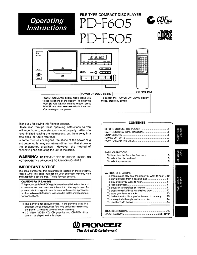 Pioneer PD-F07 Operating Instructions Manual Printed Copy or PDF File 