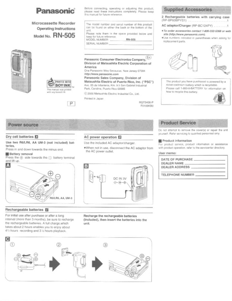 Panasonic Rn 505 Handheld Cassette Voice Recorder Manualzz