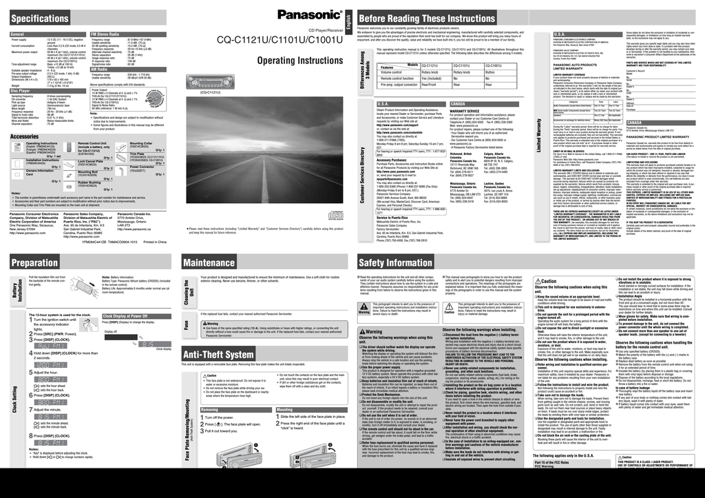 Panasonic Cqc1001u User Manual Manualzz