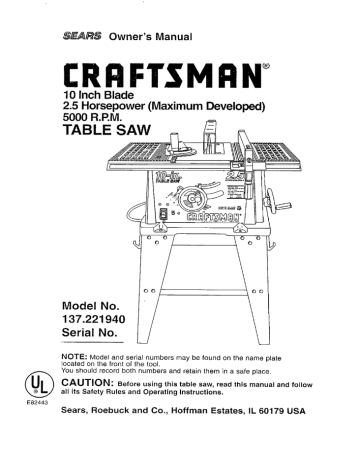 Craftsman 137221940 Table Saw Owner's Manual | Manualzz