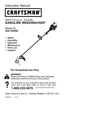 Craftsman WEEDWACKER 358.795560 Instruction manual | Manualzz
