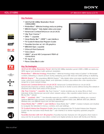 Sony KDL-37XBR6 Flat Panel Tv Specification Guide | Manualzz