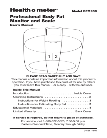 Health O Meter Healthometer BFM980 User`s manual | Manualzz