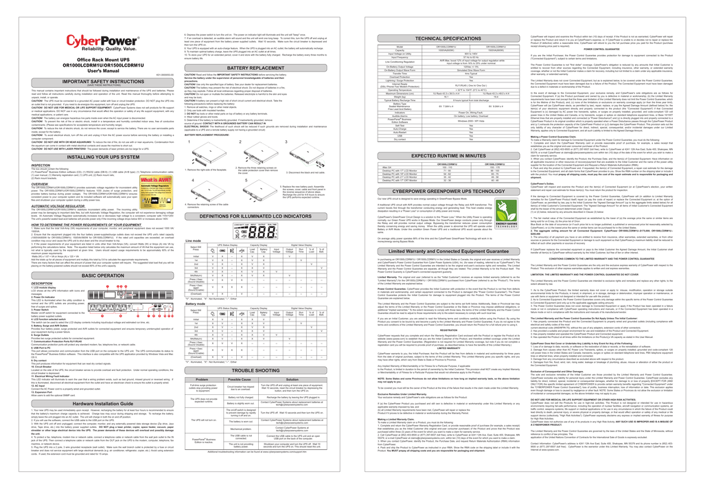 CyberPower VA 1000, OR1000LCDRM1U, OR1500LCDRM1U User manual | Manualzz