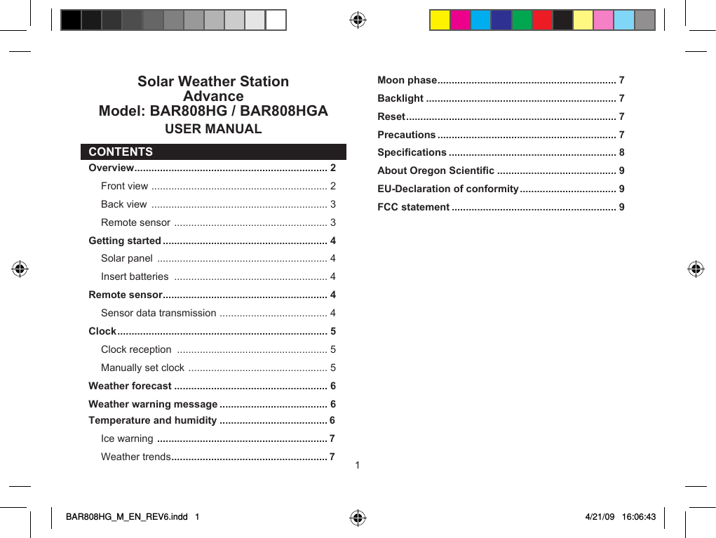 Oregon Scientific BAR808HG User manual