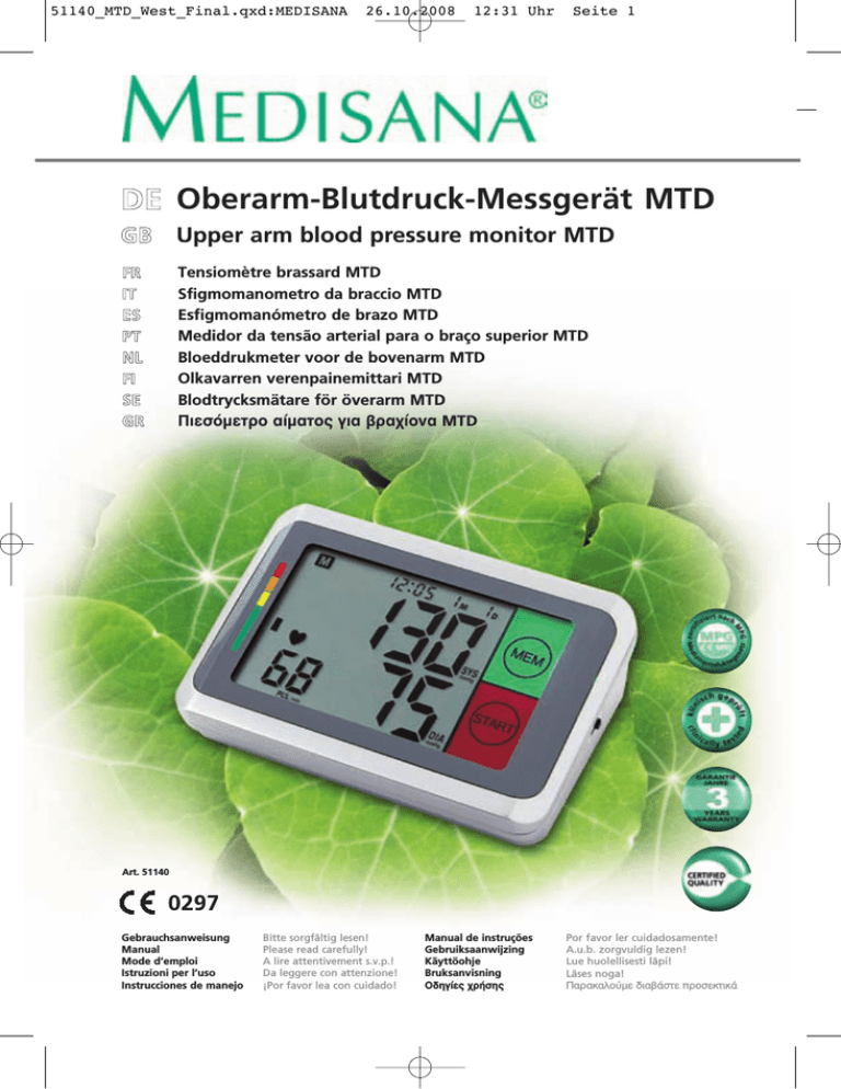 Medisana Upper Arm Blood Pressure Monitor Mtd User Manual Manualzz