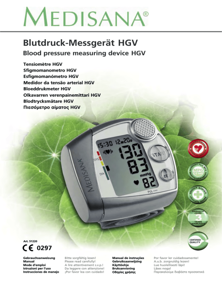 Medisana Bloodpressure Monitor Hgv Operating Instructions Manualzz