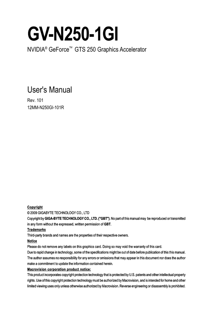 Gigabyte Gv N250 1gi Nvidia Geforce Gts 250 1gb Graphics Card User Manual Manualzz