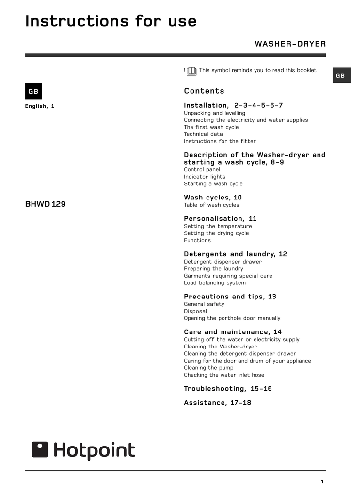 Hotpoint BHWD129 Datasheet Manualzz