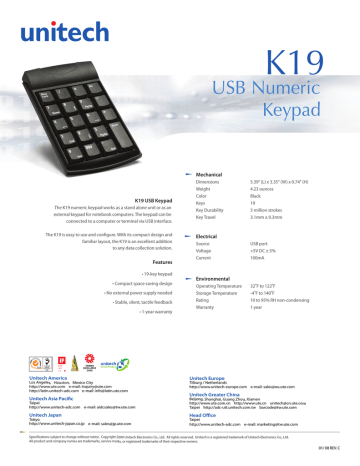 Unitech K19 USB Keypad Specification | Manualzz