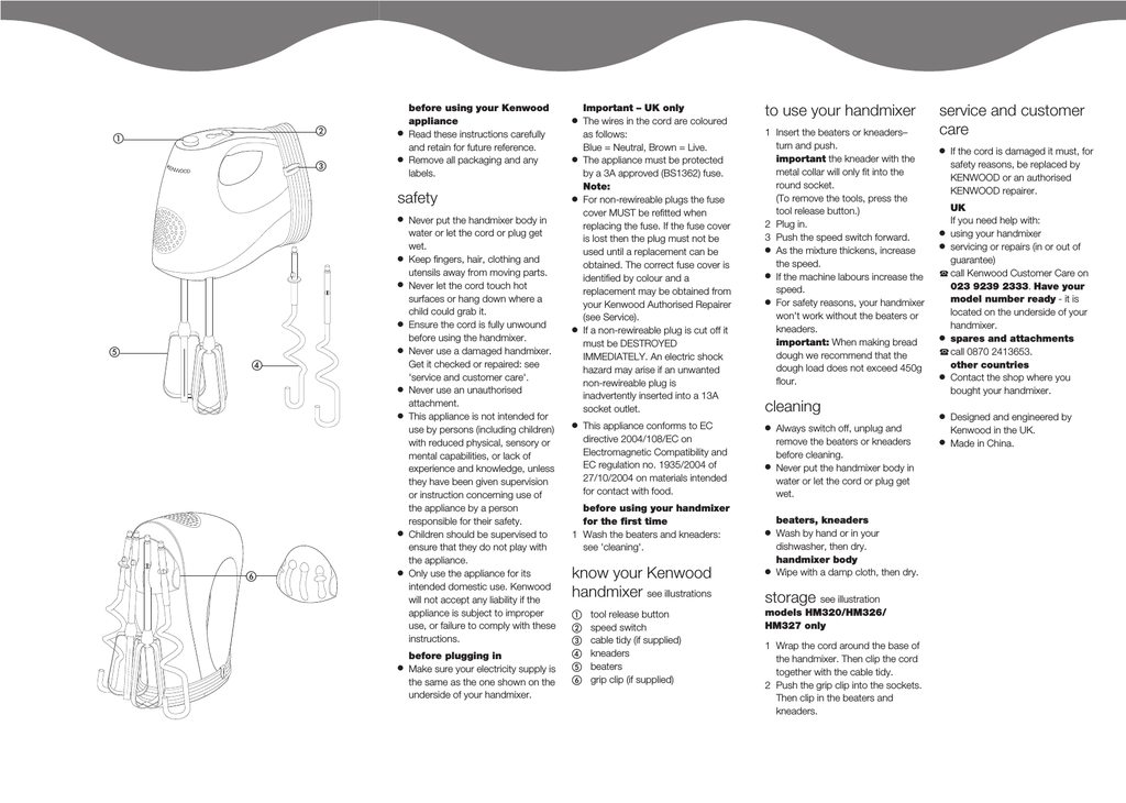 Kenwood Hand Mixer Instruction Manual HM330