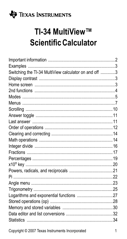 Texas Instruments Ti 34 Multiview Scientific Calculator Ti 34 Multiview User Manual Manualzz