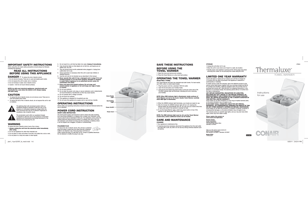 Conair Ptw1 Operating Instructions Manualzz Conair Ptw1 Operating Instructions, Conair Towel Warmer