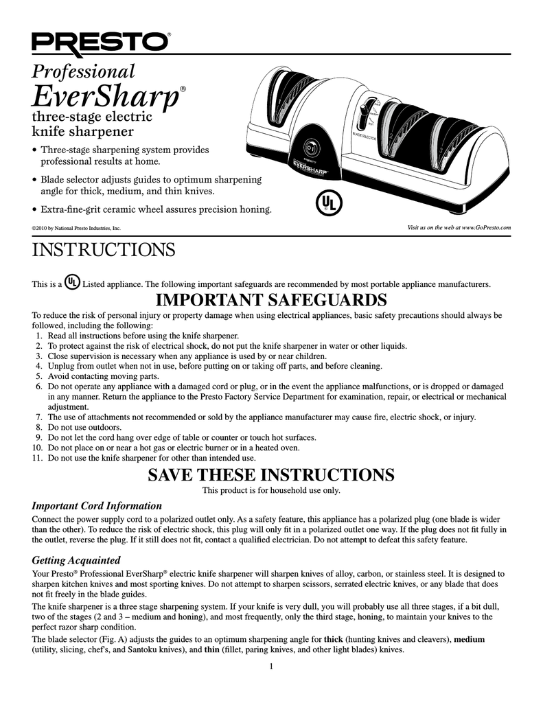 Instruction Manual for EverSharp<sup>®</sup> electric knife sharpener - Knife  Sharpeners - Presto®