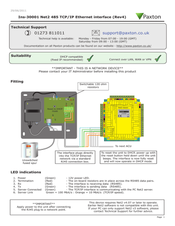 Paxton Net2 RS485 TCP/IP Ethernet Specification | Manualzz