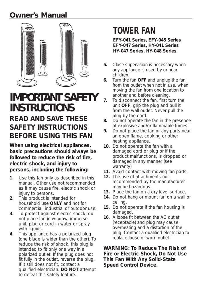 Honeywell Efy 041 Series Hy 041 Series Efy041 Enviracare Remote Control Oscillating Tower Fan Hy 047 Series Hy 048bp Consumer Products Digital Tower Fan Hy 047b Fresh Breeze Tower Fan Hy 048bp Hy 048 Series Efy 047