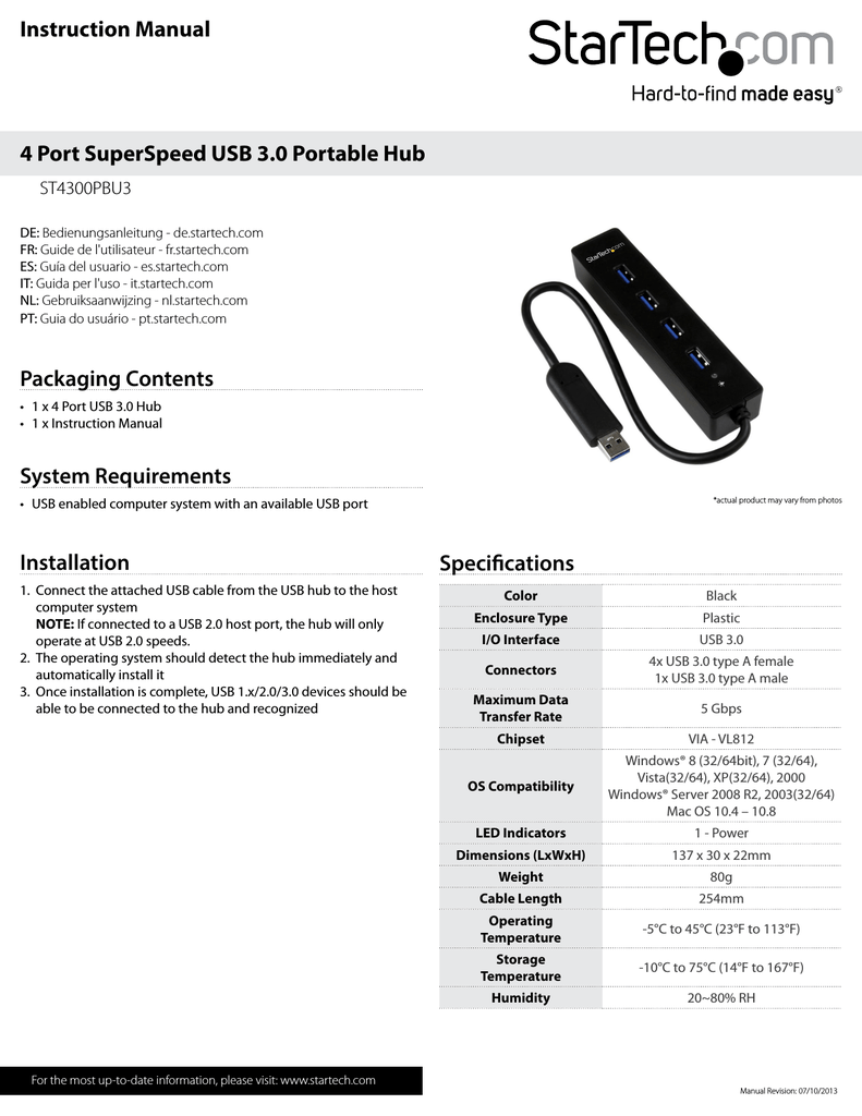 NEW Retail ST4300PBU3 StarTech ST4300PBU3 4Port Portable SuperSpeed USB3.0 Hub with Built-in Cable NEW Retail ST4300PBU3 StarTech ST4300PBU3 4Port Portable SuperSpeed USB3.0 Hub with Built-in Cable