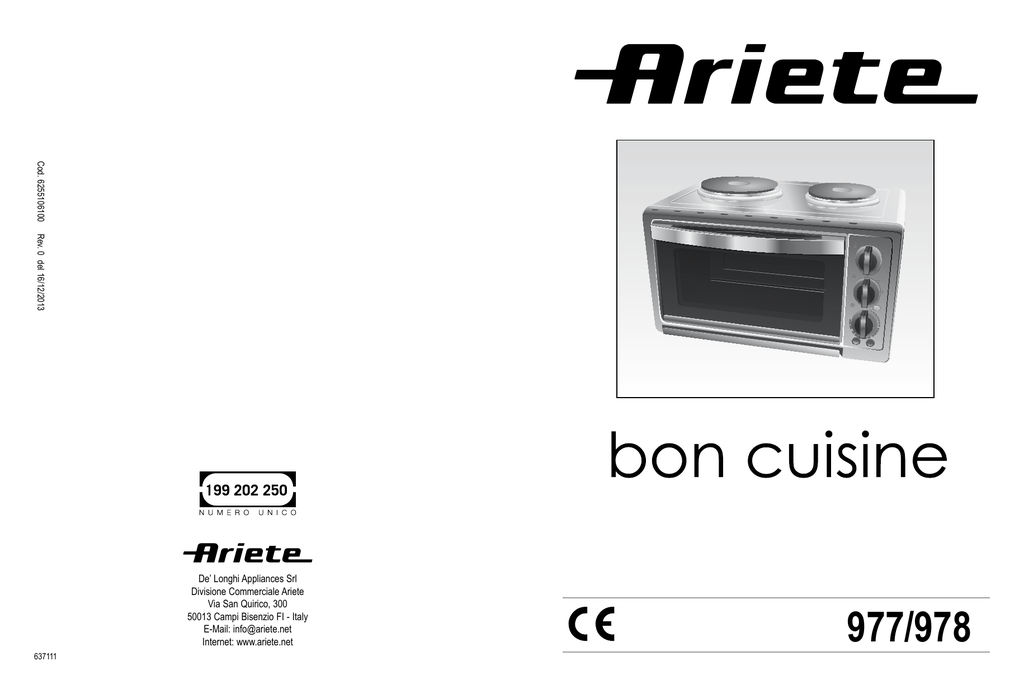 ARIETE 977 Bon Cuisine 380, 978 Bon Cuisine 380, Bon Cuisine 380 Owner's  manual